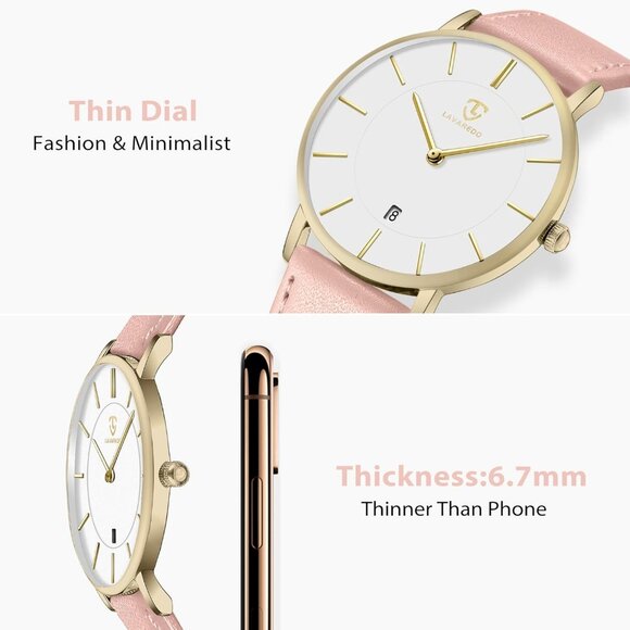 Men's Pink- White Leather Strap Analog Minimal Simple Stylish Buckle Wrist Watch - Picture 4 of 6